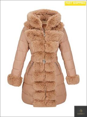 Faux Leather Hooded Quilted Puffer Coat Belted Winter Jacket